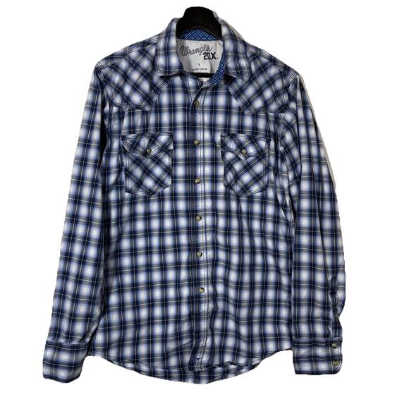 Wrangler Pearl Snap Western Shirt Long Sleeve Blue Rodeo Plaid 20X Men's Small - Picture 1 of 14